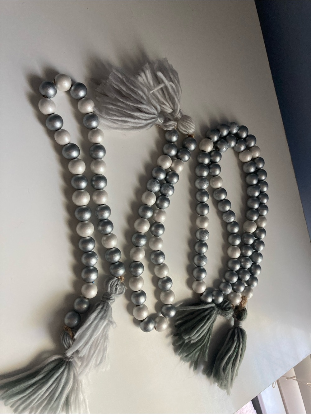Handmade Farmhouse wooden Beads Garland Set of 3 Silver White Tassels